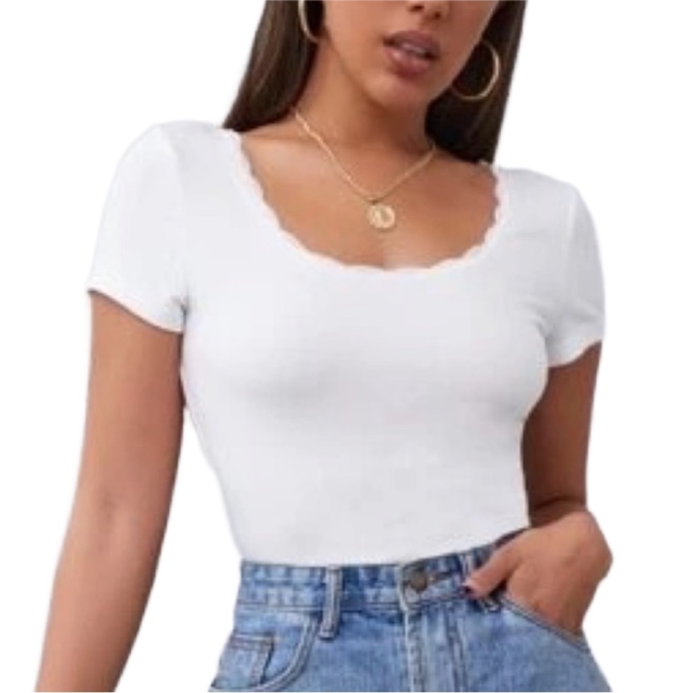 BNWT* SHEIN Lace Trim Rib Knit Tee in White